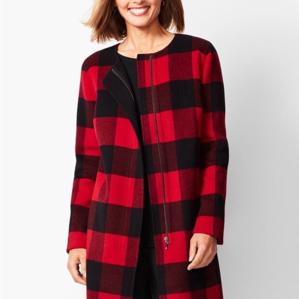 Talbots Buffalo Plaid Wool Blend Double-Face Topper Full-Zip Jacket Red Small